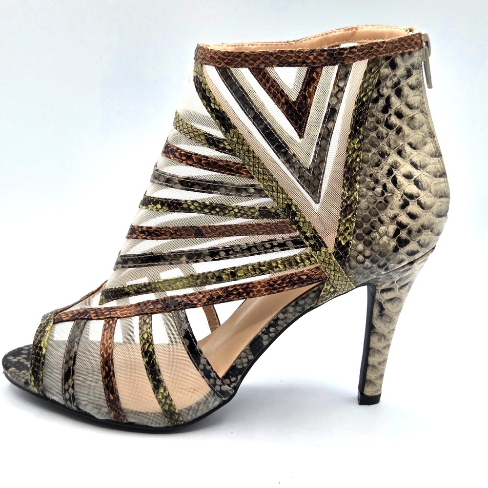 Annie Snakeskin Open Toe Mesh‎ Booties with Stiletto Heels Back Zipper Size 8.5